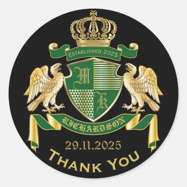 Sticker Rond Merci Armoiries Emblème d'aigle vert d'or (Devant)