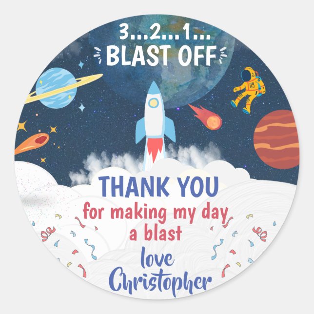 Sticker Rond Merci Astronaut fête d'anniversaire (Devant)