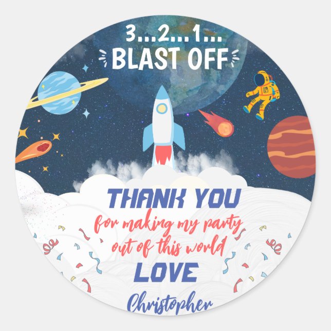 Sticker Rond Merci Astronaut fête d'anniversaire (Devant)