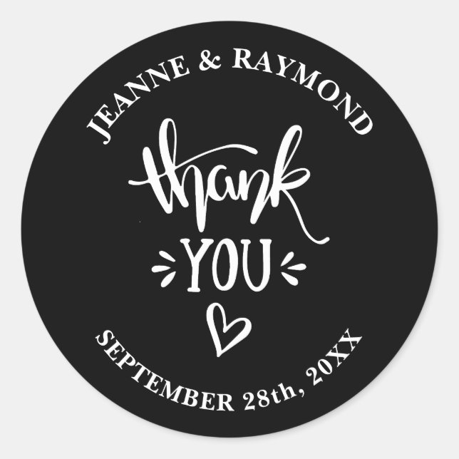 Sticker Rond Merci avec amour Noir et Blanc Mariage Faveur (Devant)