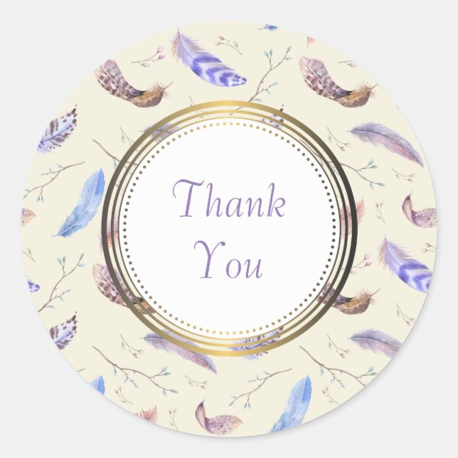 Sticker Rond Merci avec aquarelle Plumes Feuilles & brindilles (Devant)