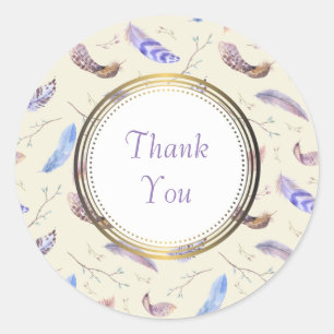 Sticker Rond Merci avec aquarelle Plumes Feuilles & brindilles