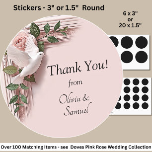 Sticker Rond Merci ! avec Noms, Colombes & Roses Blanches