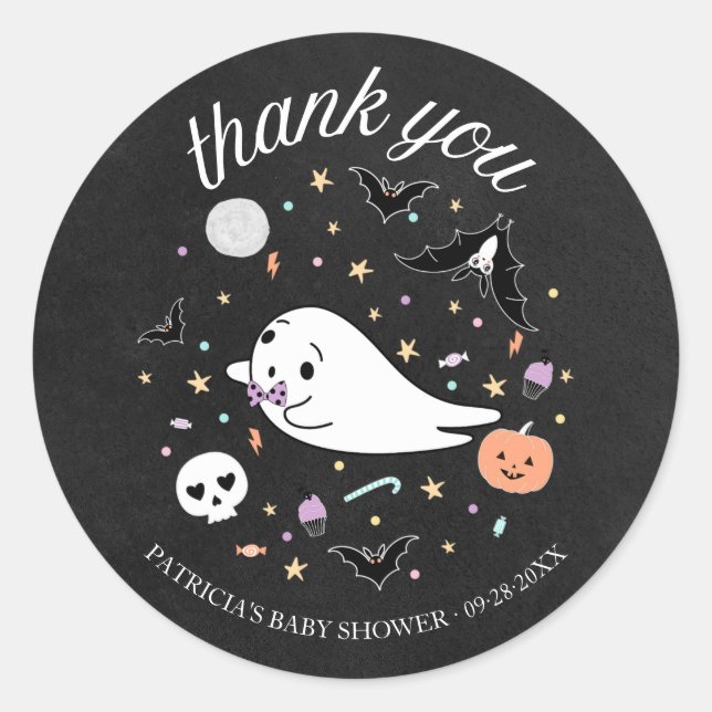 Sticker Rond Merci Baby Ghost Halloween Baby shower garçon (Devant)
