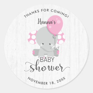 Sticker Rond Merci Baby shower blanc en bois et éléphant rose