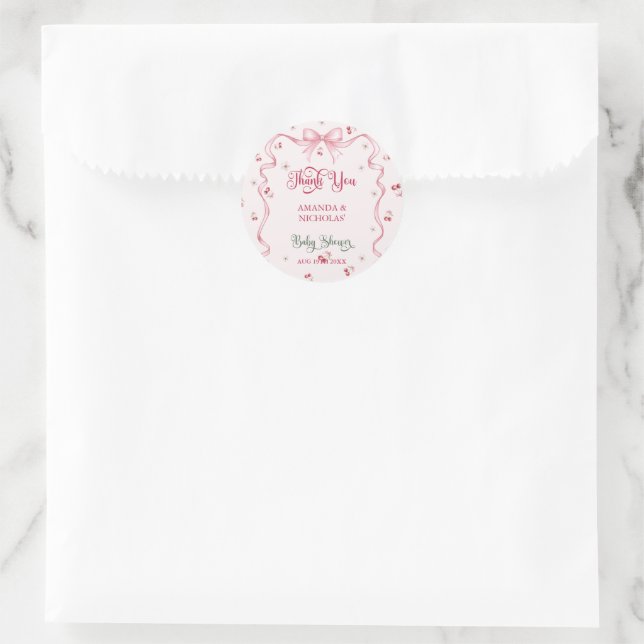 Sticker Rond Merci Baby shower cerise Bow (Sac)