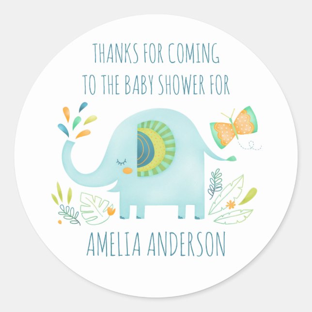 Sticker Rond Merci Baby shower éléphant garçon (Devant)