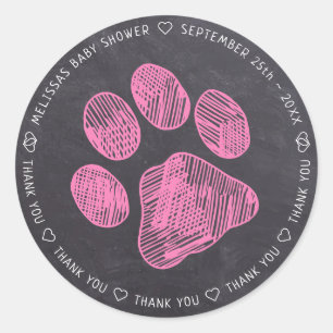 Sticker Rond Merci Baby shower Empreinte de patte rose Chalkboa