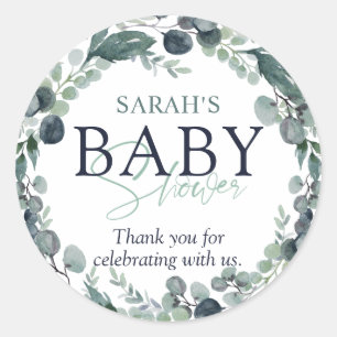 Sticker Rond Merci Baby shower Eucalyptus aquarelle