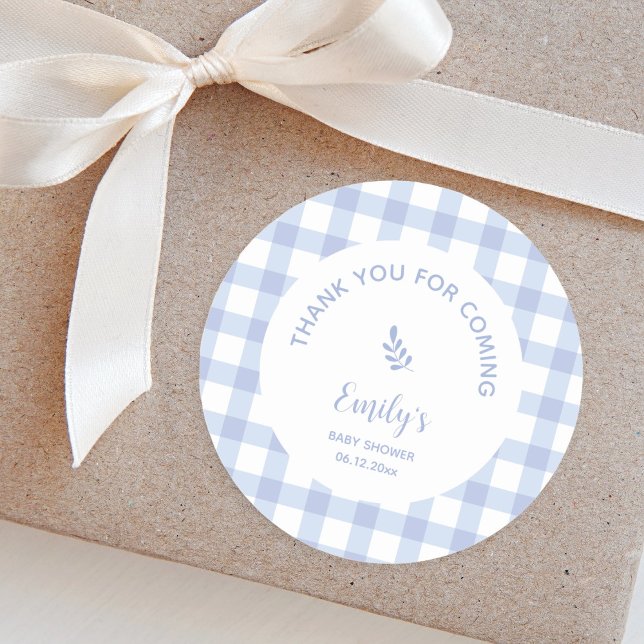 Sticker Rond Merci Baby shower Garçon En vichy bleu pour venir (Créateur téléchargé)
