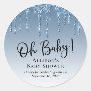 Sticker Rond Merci baby shower Parties scintillant bleu 