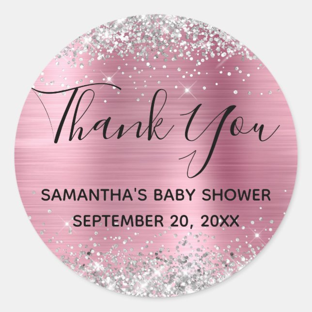 Sticker Rond Merci Baby shower Parties scintillant rose argent (Devant)