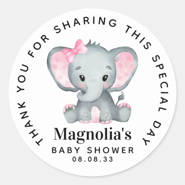 Sticker Rond Merci Baby shower rose éléphant (Devant)