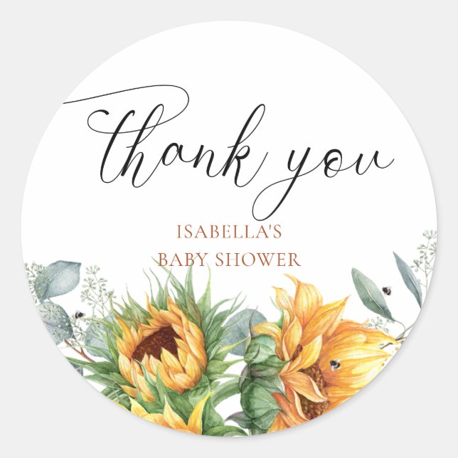 Sticker Rond Merci Baby shower tournesol (Devant)