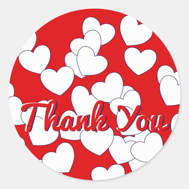 Sticker Rond "Merci" - Beaux Coeurs Rouge Et Blanc (Devant)