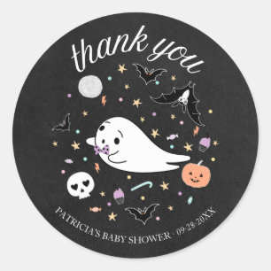 Sticker Rond Merci Bébé Fantôme Garçon Halloween Baby Shower