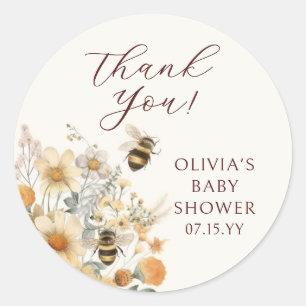 Sticker Rond Merci Bee Fleur sauvage Baby shower Floral