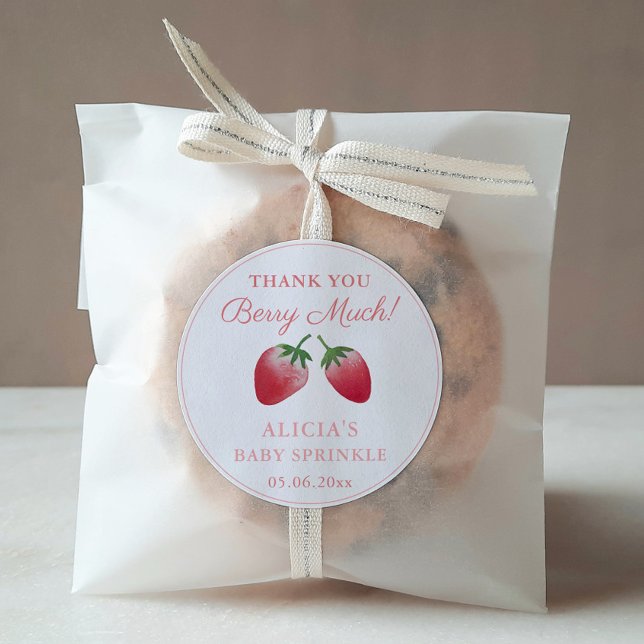 Sticker Rond Merci Berry Beaucoup de fraises Rouge rose Faveur (Thank You Berry Much Watercolor Strawberries Baby or Bridal Shower or Birthday Favor Stickers)