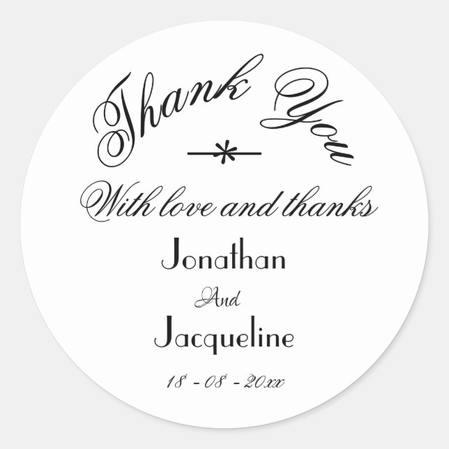 Sticker Rond Merci blanc classique Noms personnalisés Mariage m (Devant)
