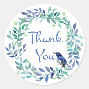 Sticker Rond Merci Bleu Aquarelle Florale Feuille couronne