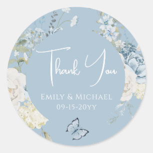 Sticker Rond Merci bleu bleu romantique Mariage floral