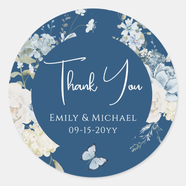 Sticker Rond Merci bleu bleu romantique Mariage floral (Devant)