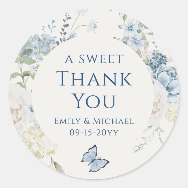Sticker Rond Merci bleu bleu romantique Mariage floral (Devant)