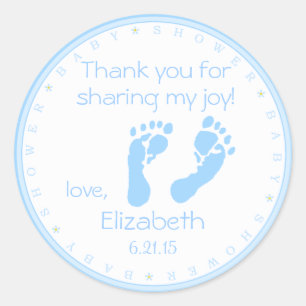 Sticker Rond Merci bleu de baby shower de garçon d'empreintes