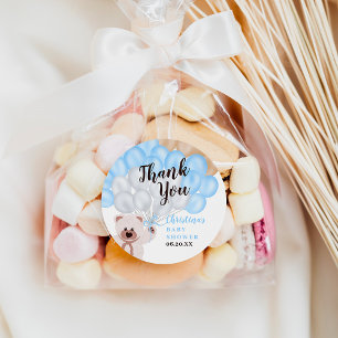 Sticker Rond Merci bleu ours garçon baby shower