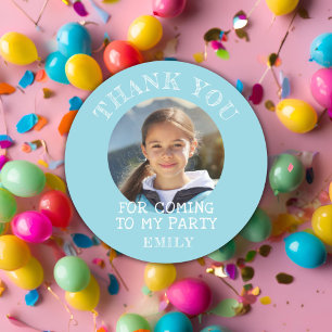 Sticker Rond Merci bleu photo d'anniversaire fille