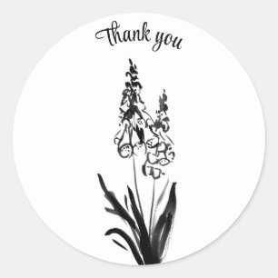 Sticker Rond Merci bleu sonnette encre noire dessin fleurs