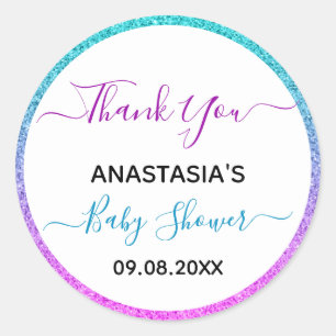 Sticker Rond Merci bleu violet clair Baby shower de 