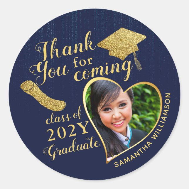 Sticker Rond Merci Blue et Gold 2025 Graduation Favor (Devant)