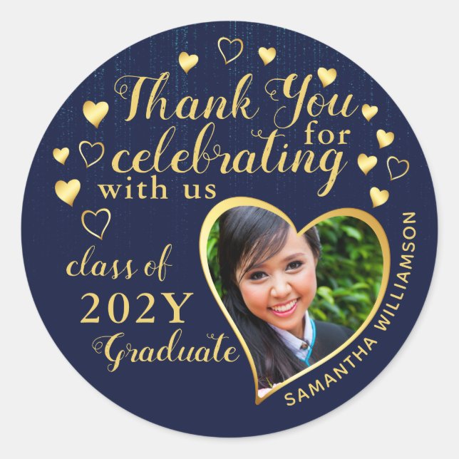Sticker Rond Merci Blue & Gold 2025 Graduation Party Favor (Devant)