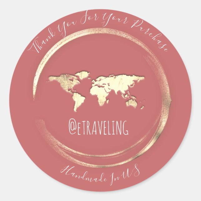 Sticker Rond Merci Blush Gold Carte du monde des voyages Globe (Devant)