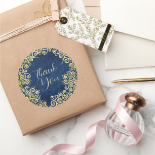 Sticker Rond Merci Boho Classy Gold et Navy Blue Swirls