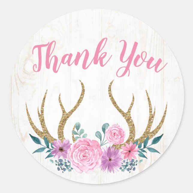 Sticker Rond Merci Bois rustique & Aquarelle Floral Antlers (Devant)
