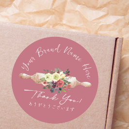 Sticker Rond Merci Boulangerie Rolling Pin Rouge Floral Élégant