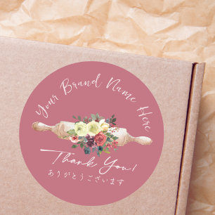 Sticker Rond Merci Boulangerie Rolling Pin Rouge Floral Élégant