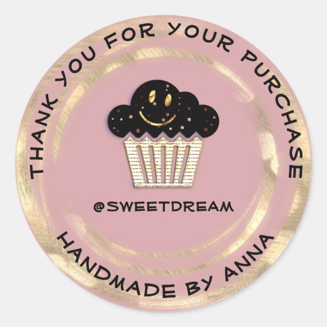 Sticker Rond Merci Boutique Chocolat Muffin Sourire Rose or (Devant)