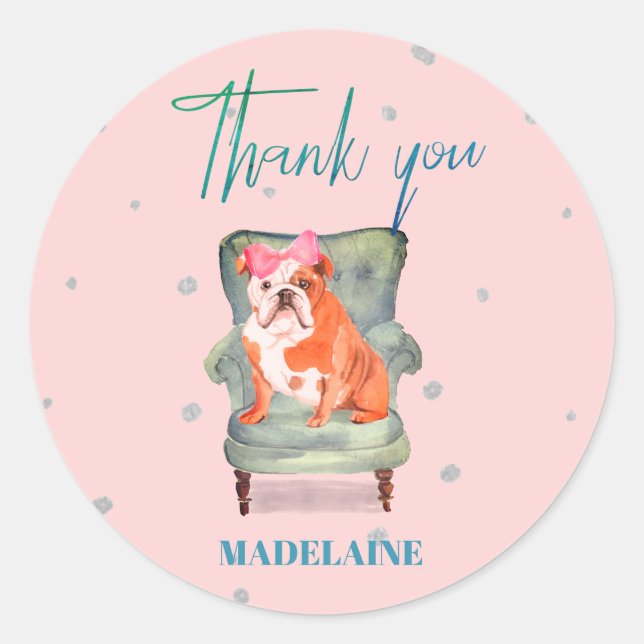 Sticker Rond Merci Bull Chien rose Argent (Devant)
