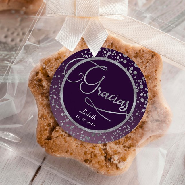 Sticker Rond Merci cadeau Confetti Gracias Glam Argent Violet (Créateur téléchargé)