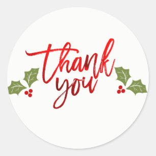Sticker Rond Merci Cadeau de Noël Feuille Rouge Brillante