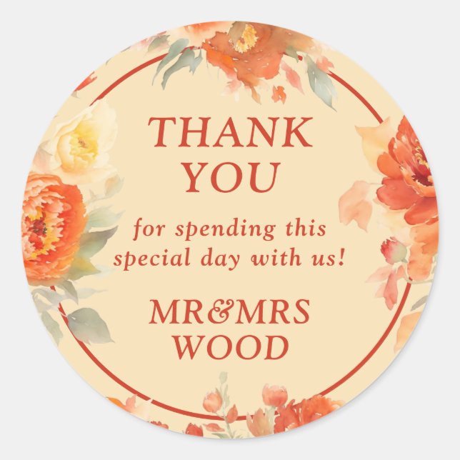 Sticker Rond Merci Chute Brûlé Orange Floral Mariage (Devant)