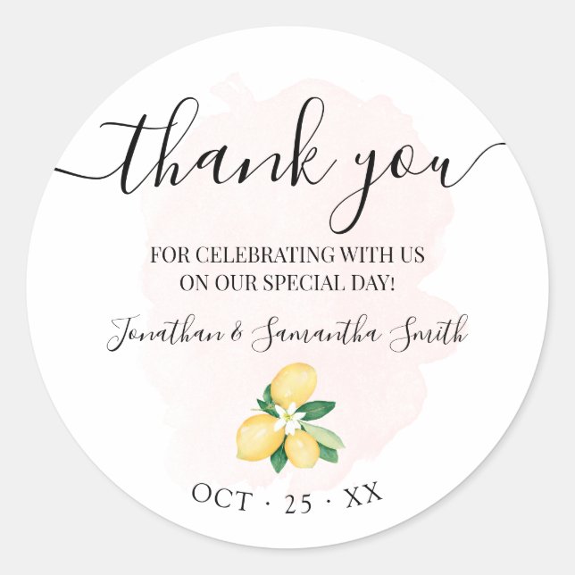 Sticker Rond Merci citrons Mariage rose (Devant)