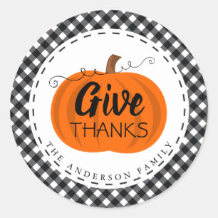 Sticker Rond Merci.   Citrouille Buffalo Plaid Thanksgiving