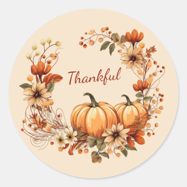 Sticker Rond Merci Citrouille et fleurs d'automne Wreath (Devant)