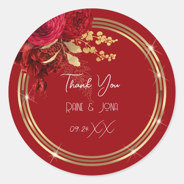 Sticker Rond Merci Coeur Douce nuptiale16e couronne rouge or (Devant)