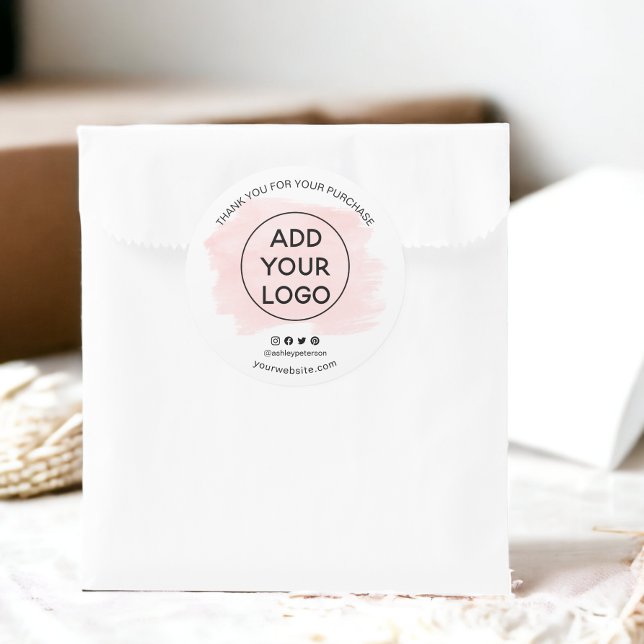 Sticker Rond Merci commander logo rose brosse médias sociaux (Thank you order logo pink brushstroke social media classic round sticker)