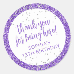 Sticker Rond Merci Confettis Paillettes Argent Violet